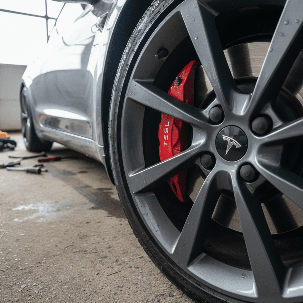 Damaged Tesla Model Y front bumper awaiting repair in a body shop