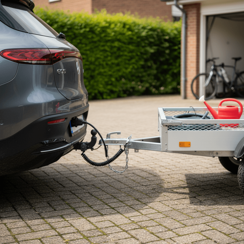 Mercedes EQS SUV with factory tow hitch backing up to a small travel trailer in a driveway