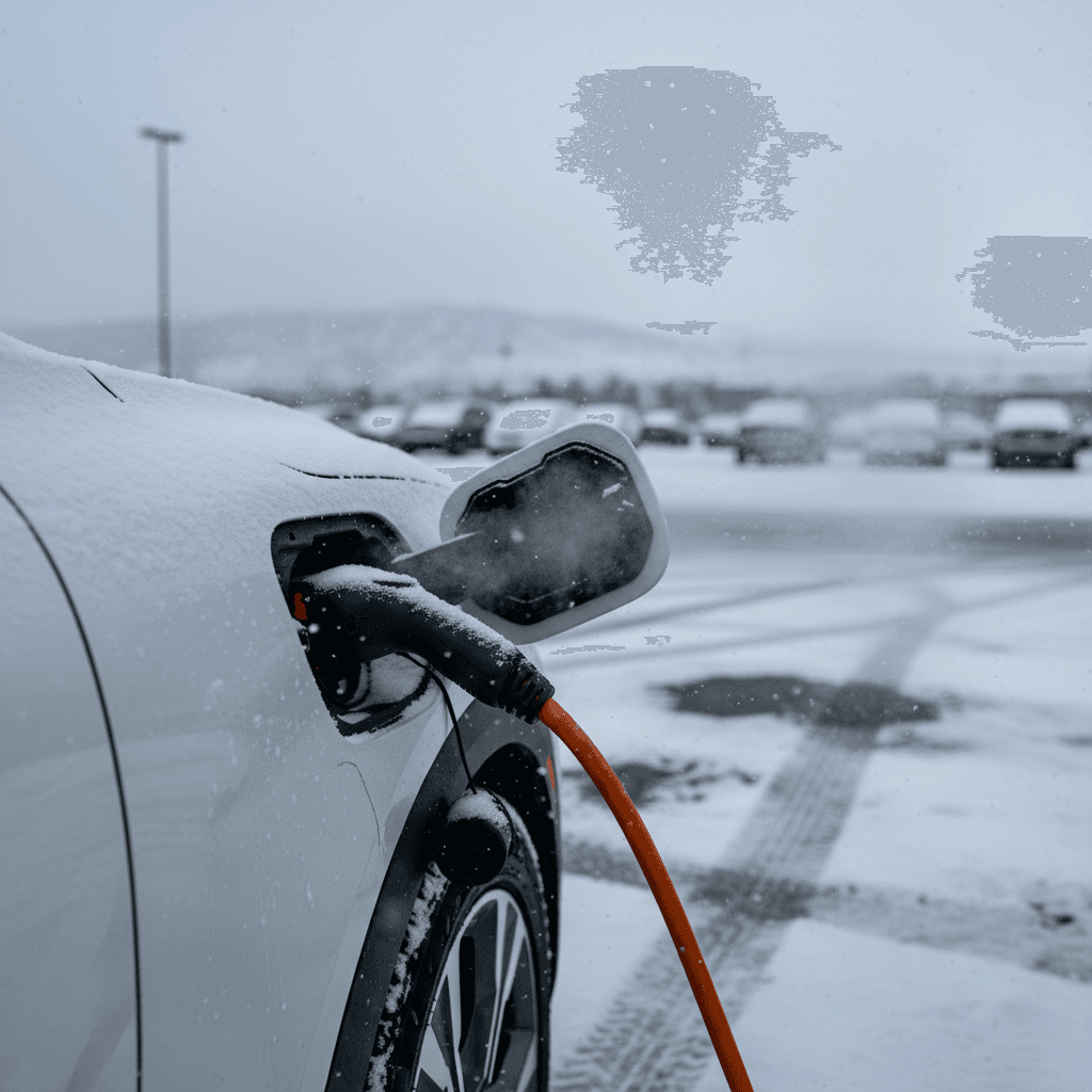 Kia EV9 charging at a DC fast charger in a snowy parking lot, illustrating winter range impact during cold weather fast charging