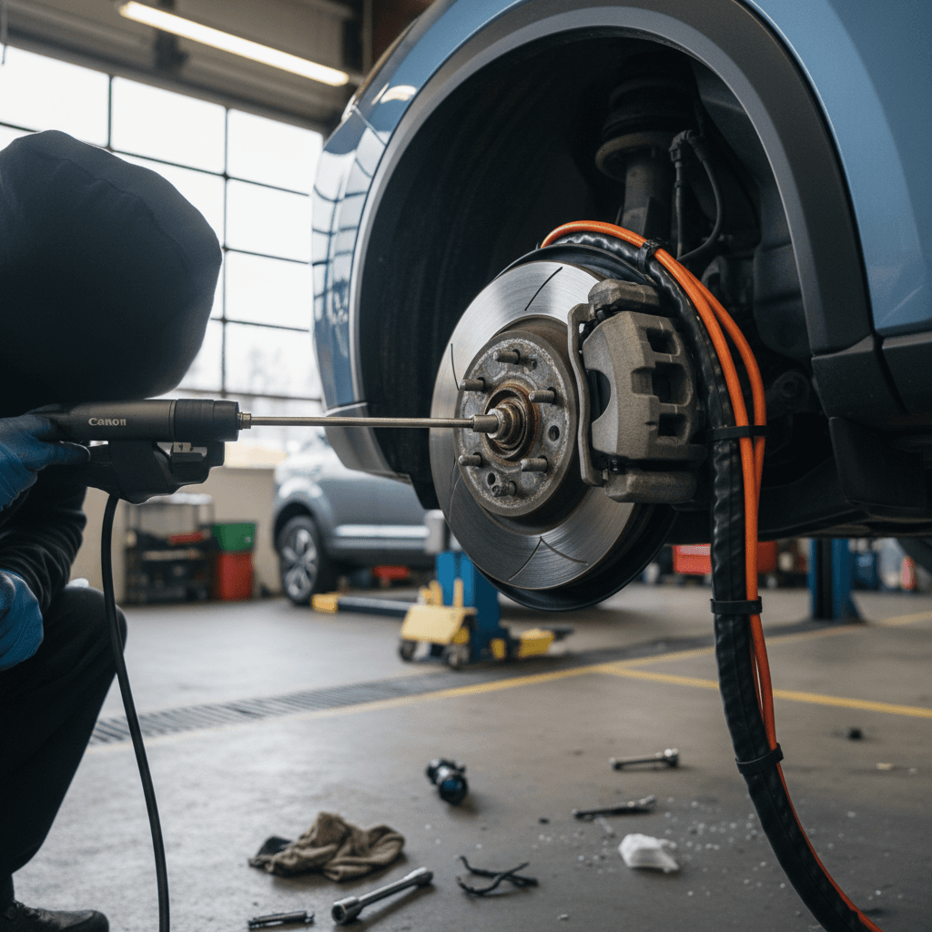 Mechanic inspecting the underside of a high‑mileage SUV on a service lift