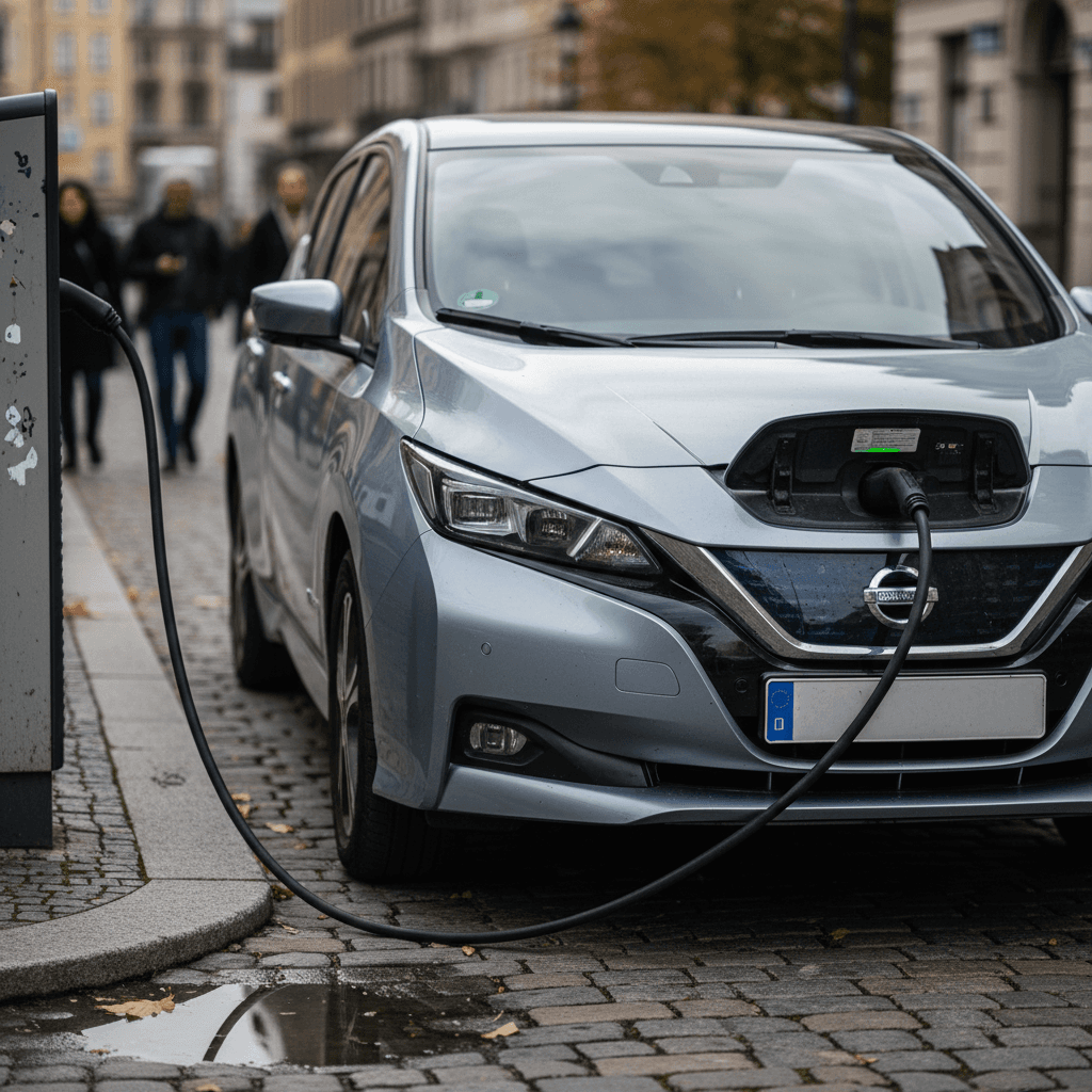 Older Nissan Leaf electric hatchback parked on a city street