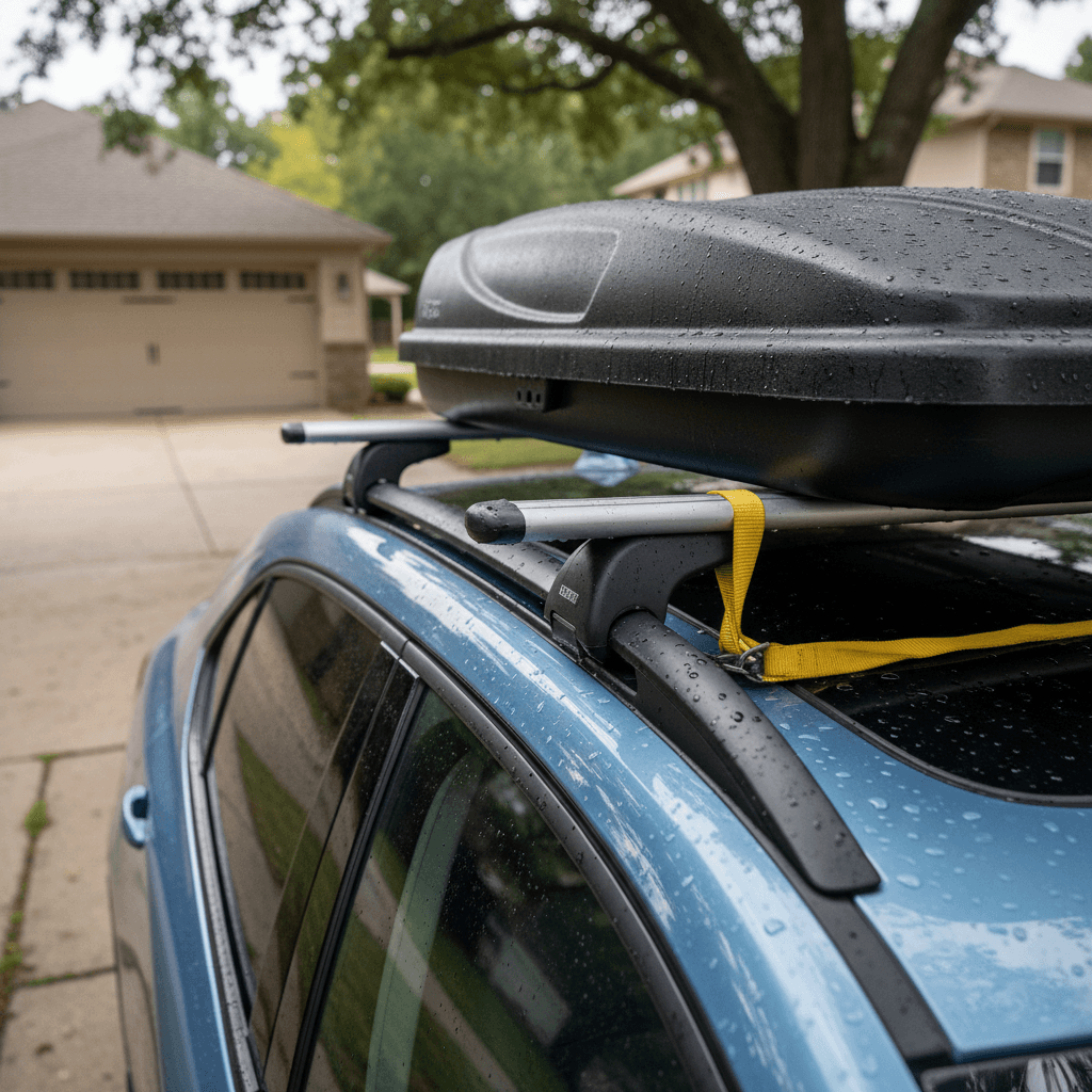 Chevrolet Equinox EV with factory roof rails and crossbars supporting a compact rooftop cargo box in a driveway