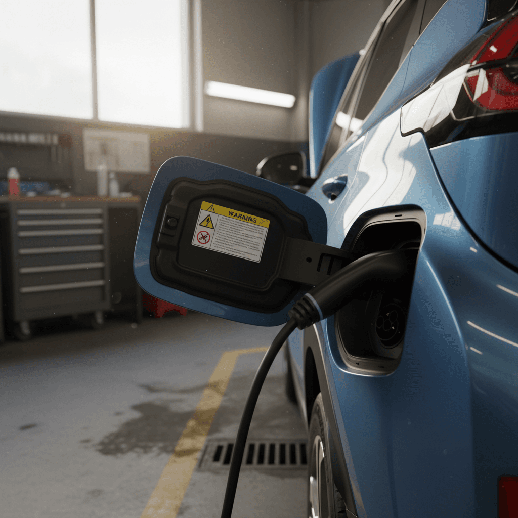 Technician inspecting a Chevrolet Bolt EUV high-voltage battery and wiring on a lift