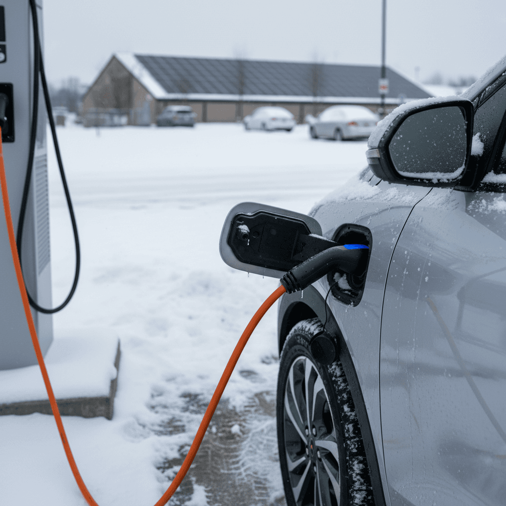 Chevrolet Bolt EUV charging at a public station on a snowy day with snow piled around the base of the charger