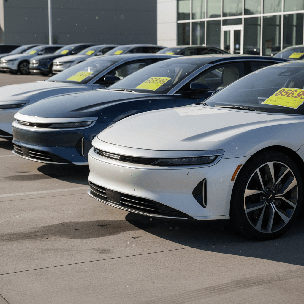 Row of used Lucid Air sedans parked on a lot with price stickers in the windows