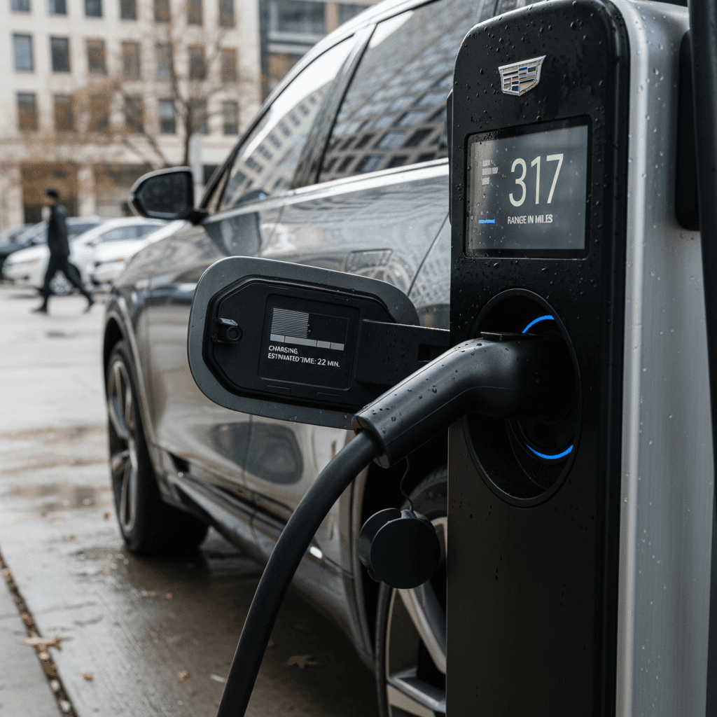 2023 Cadillac Lyriq plugged into a public DC fast charger showing range and charging rate on screen