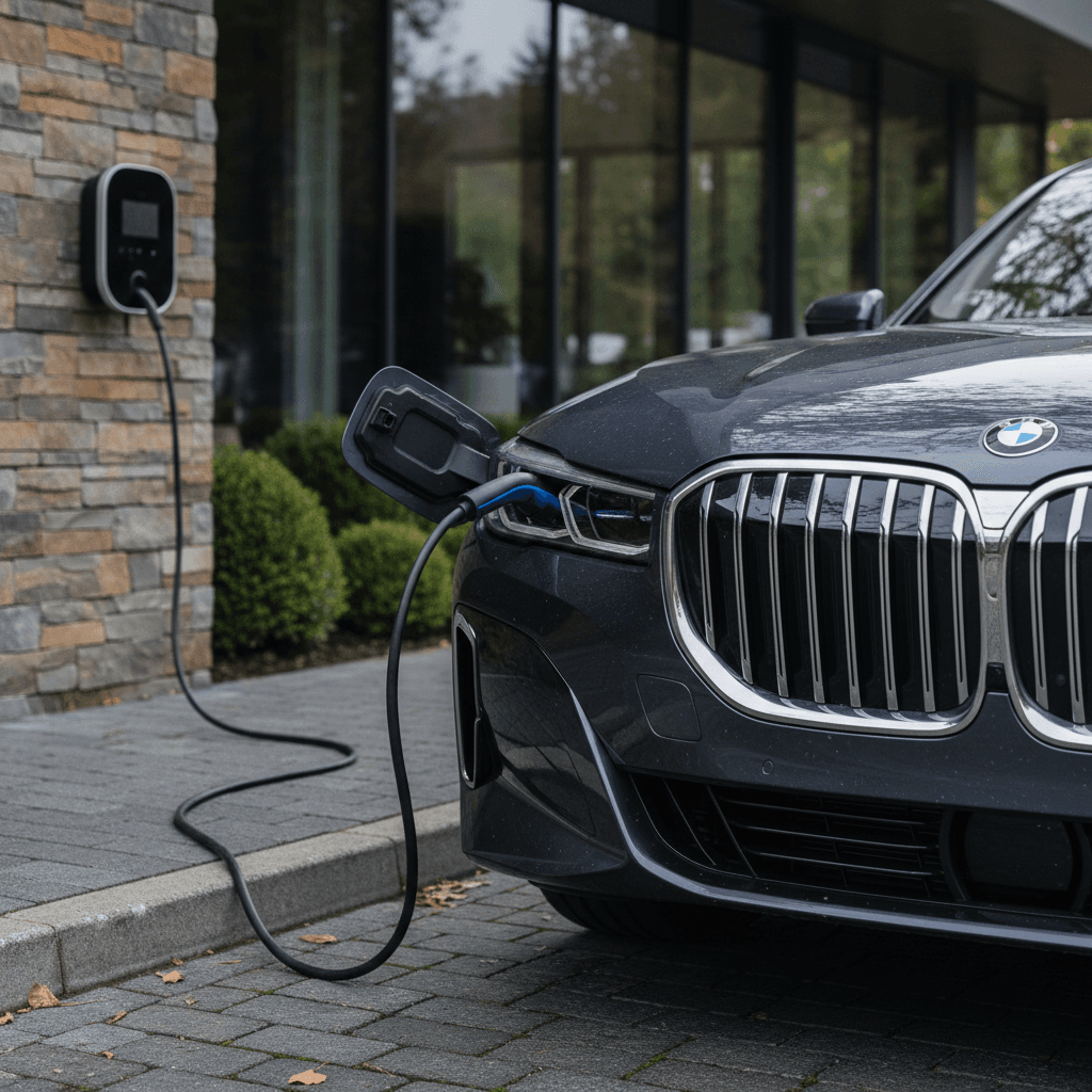 BMW i7 plugged into a home charger in front of a modern house, illustrating used luxury EV ownership