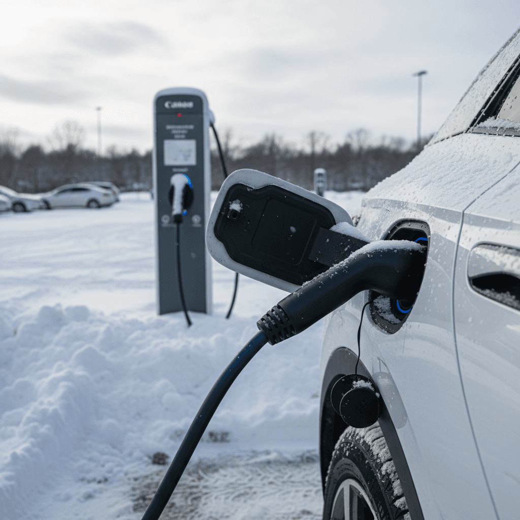 Volkswagen ID.4 charging at a public station in a snowy parking lot, illustrating winter range considerations