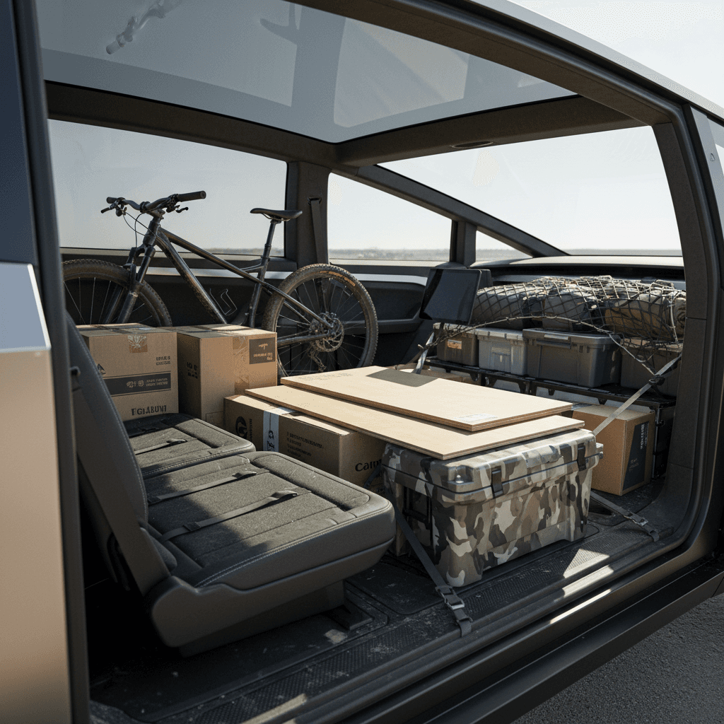 Side cutaway view of Tesla Cybertruck interior showing rear seats folded and long cargo items running from cabin into the bed