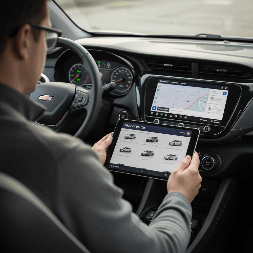 Driver in a Chevrolet Bolt EUV reviewing used EV values and ownership costs on a digital tablet