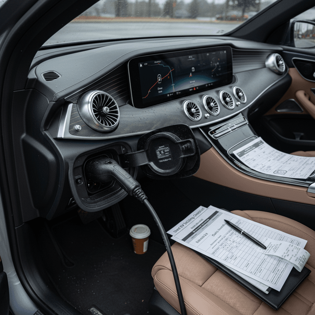 Mercedes EQE charging port and interior with paperwork organized before sale