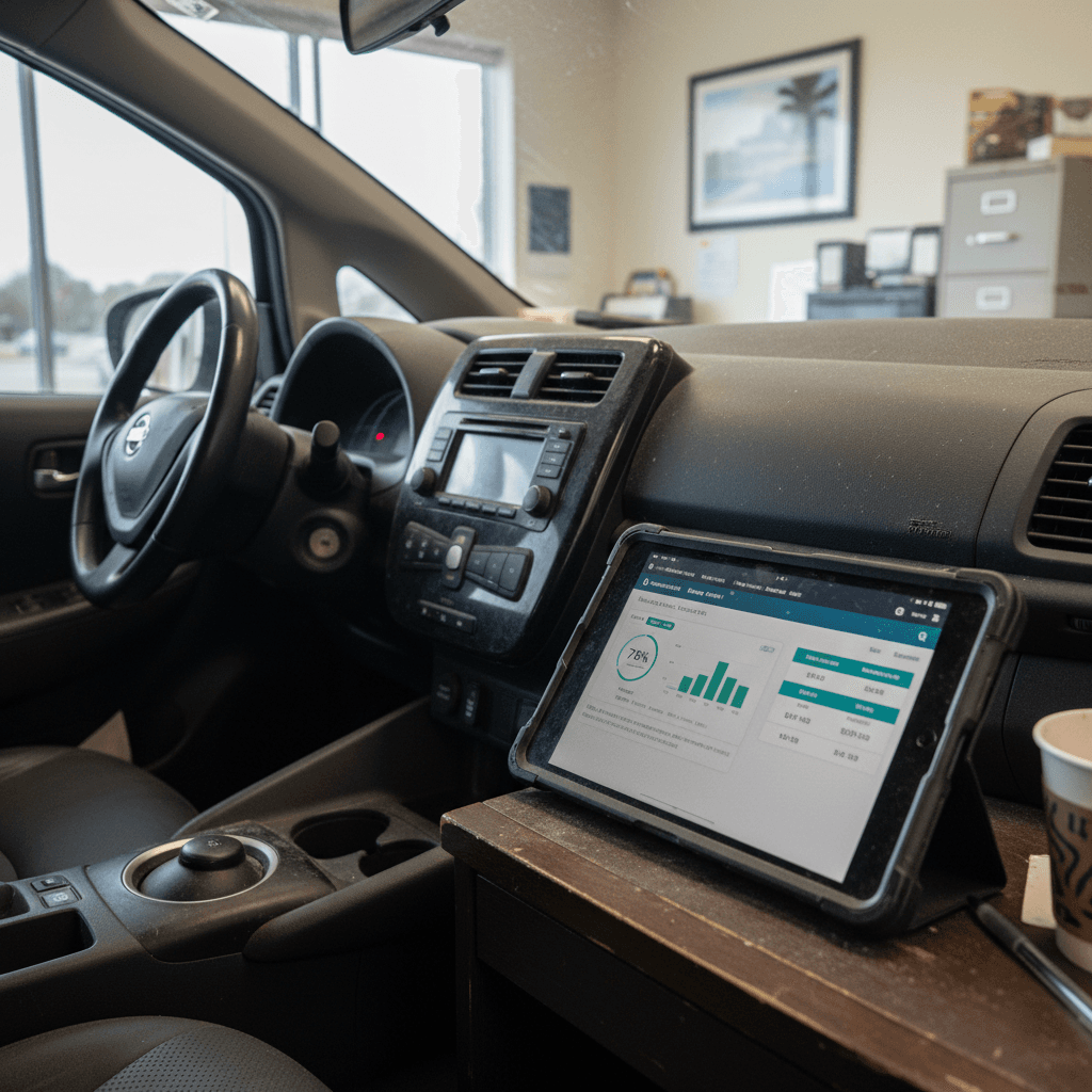 Used electric vehicle buyer in Jacksonville reviewing a detailed battery health and pricing report on a tablet next to the car