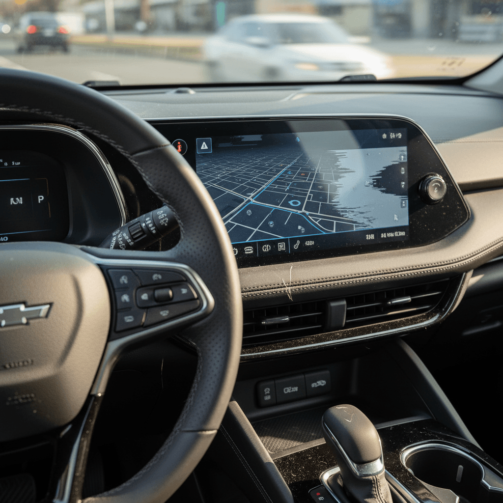 Interior of a Chevy Blazer EV focusing on the infotainment screen, steering wheel, and dashboard controls