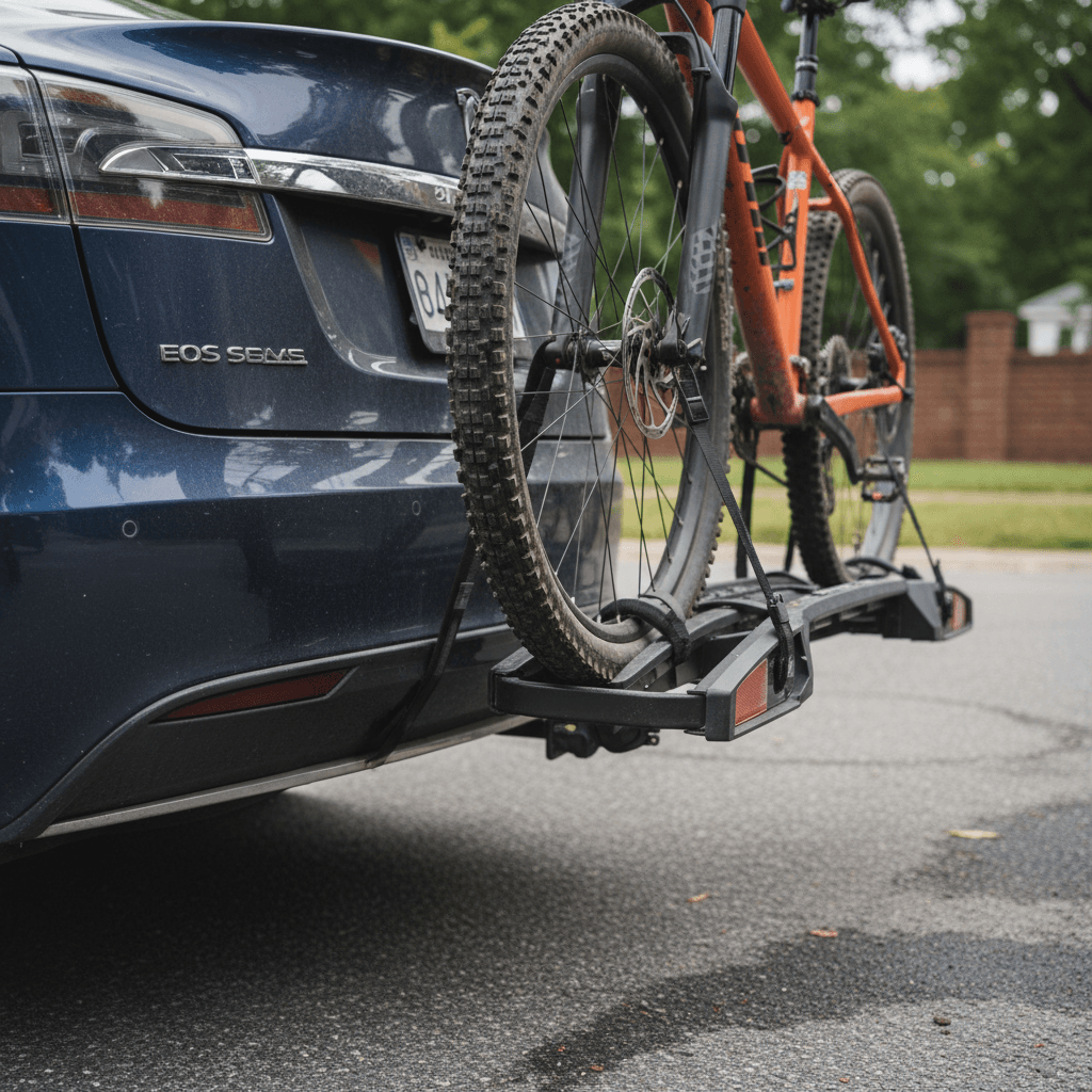 Tesla Model S with roof rack and bike carrier holding two road bikes on a glass roof