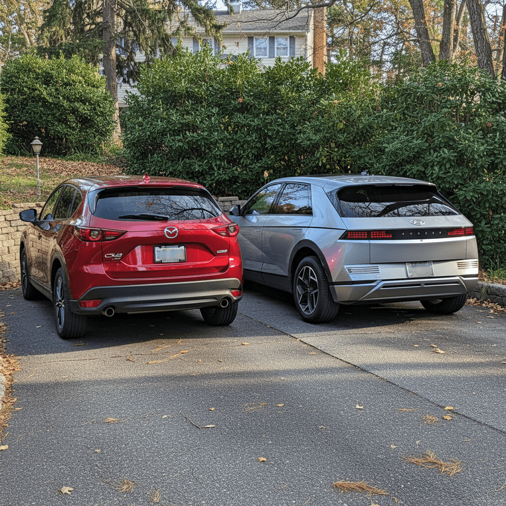 Mazda CX-5 and Hyundai Ioniq 5 parked side by side in a driveway, showing their different shapes and sizes