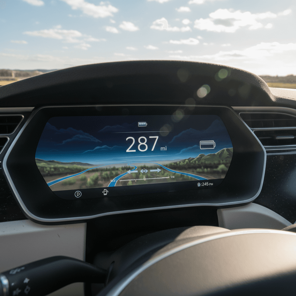 Digital display in a 2020 Tesla Model S showing battery state of charge and estimated remaining range while cruising on the highway