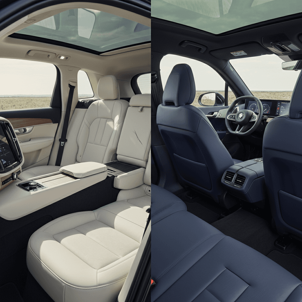 Spacious luxury electric SUV interior with three rows and a large central touchscreen display