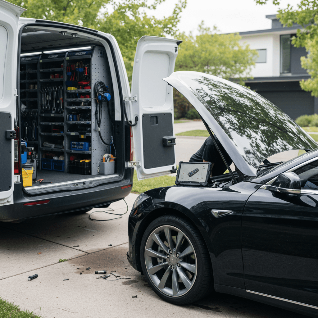 Tesla being loaded onto a flatbed tow truck as part of roadside assistance