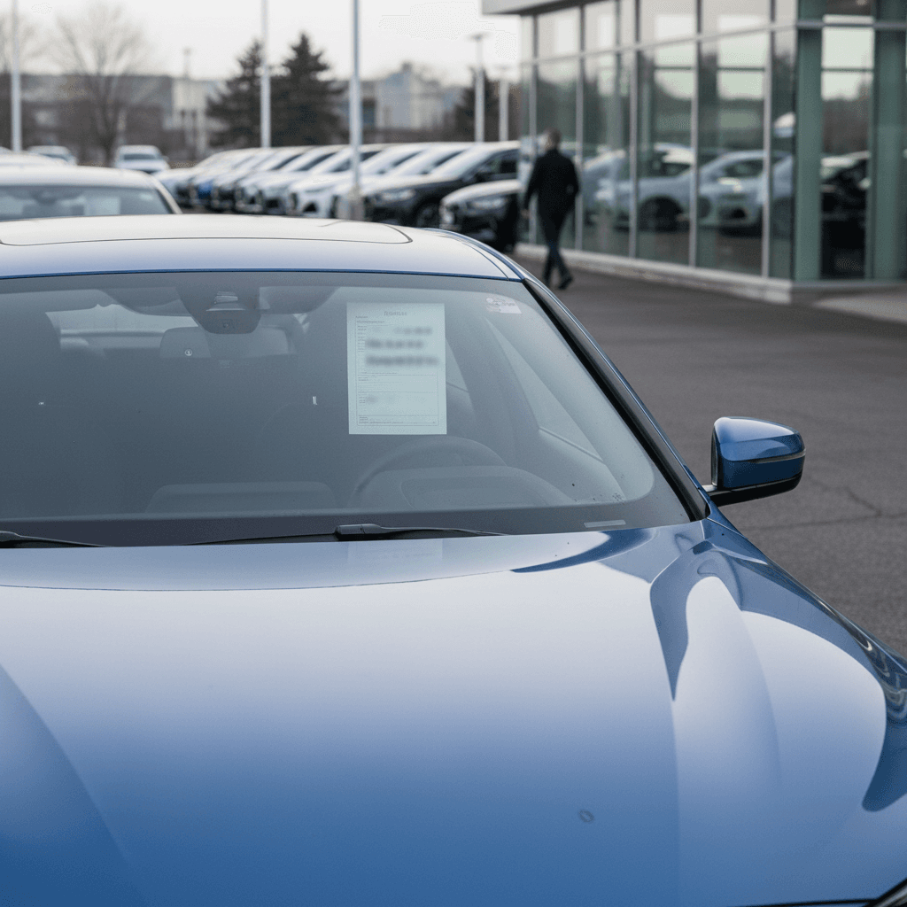 Used BMW i4 electric sedan parked on a dealer lot with a price sticker in the window