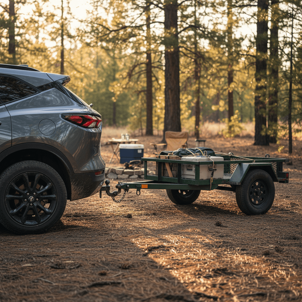 Chevrolet Blazer EV parked at a campsite with a small trailer attached to its rear hitch