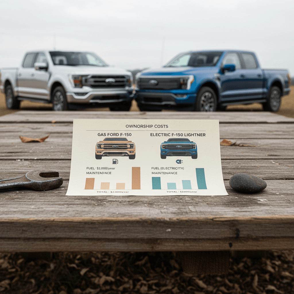 Side-by-side chart comparing per-mile fuel costs for a gas Ford F-150 and electric F-150 Lightning at different gas and electricity prices.