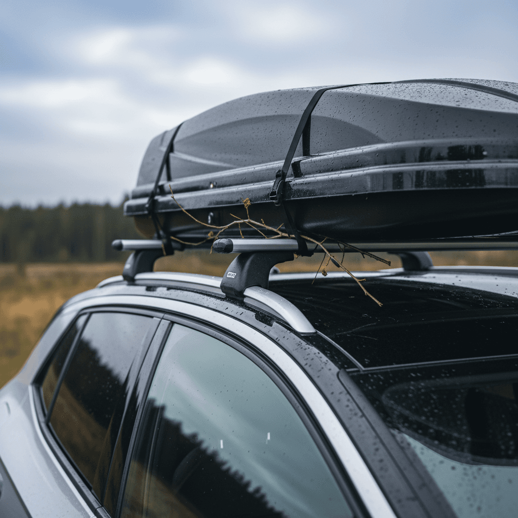 Volkswagen ID.4 roof rails and crossbars supporting a cargo box, showing how load is carried by the rails rather than directly on the glass roof.