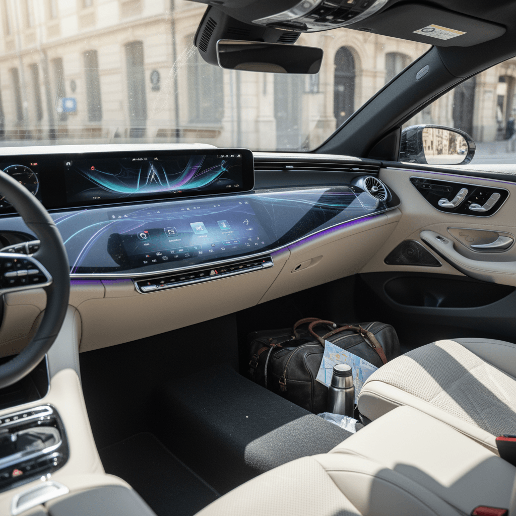 Interior of a Mercedes EQE showing the large Hyperscreen display, ambient lighting, and flat rear floor, highlighting differences from a traditional C-Class interior