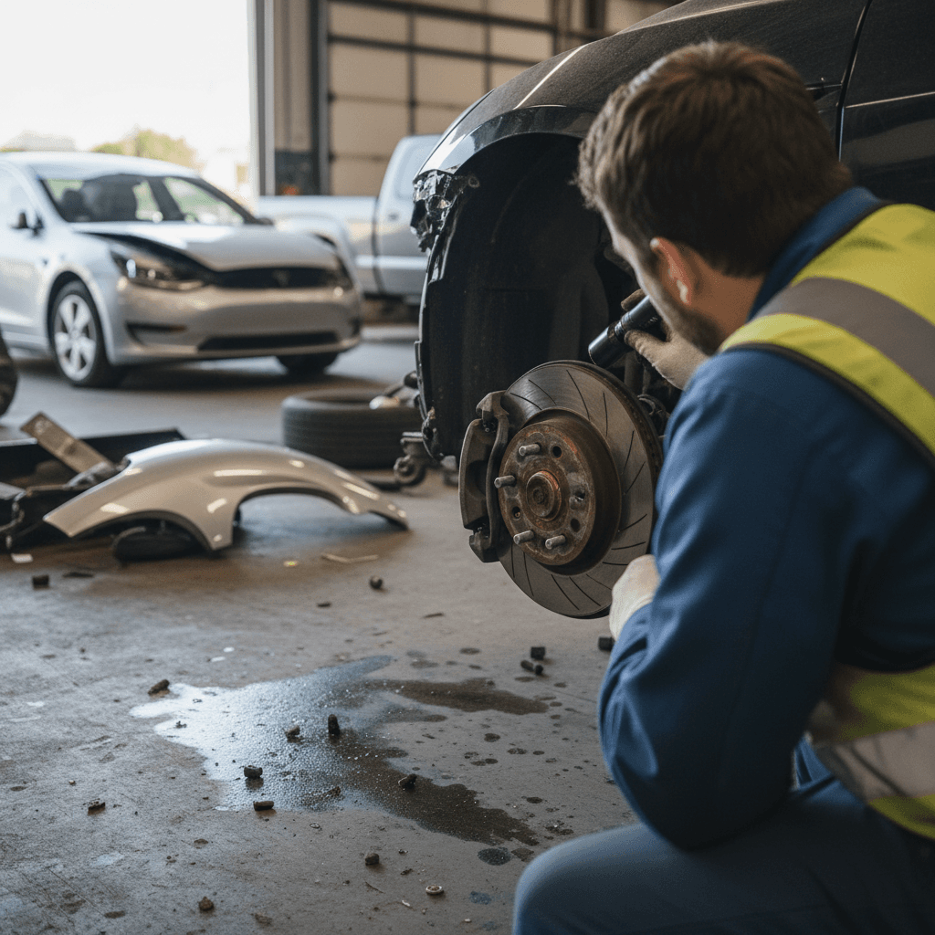 Damaged Tesla parked inside a body shop bay with the bumper removed for repair