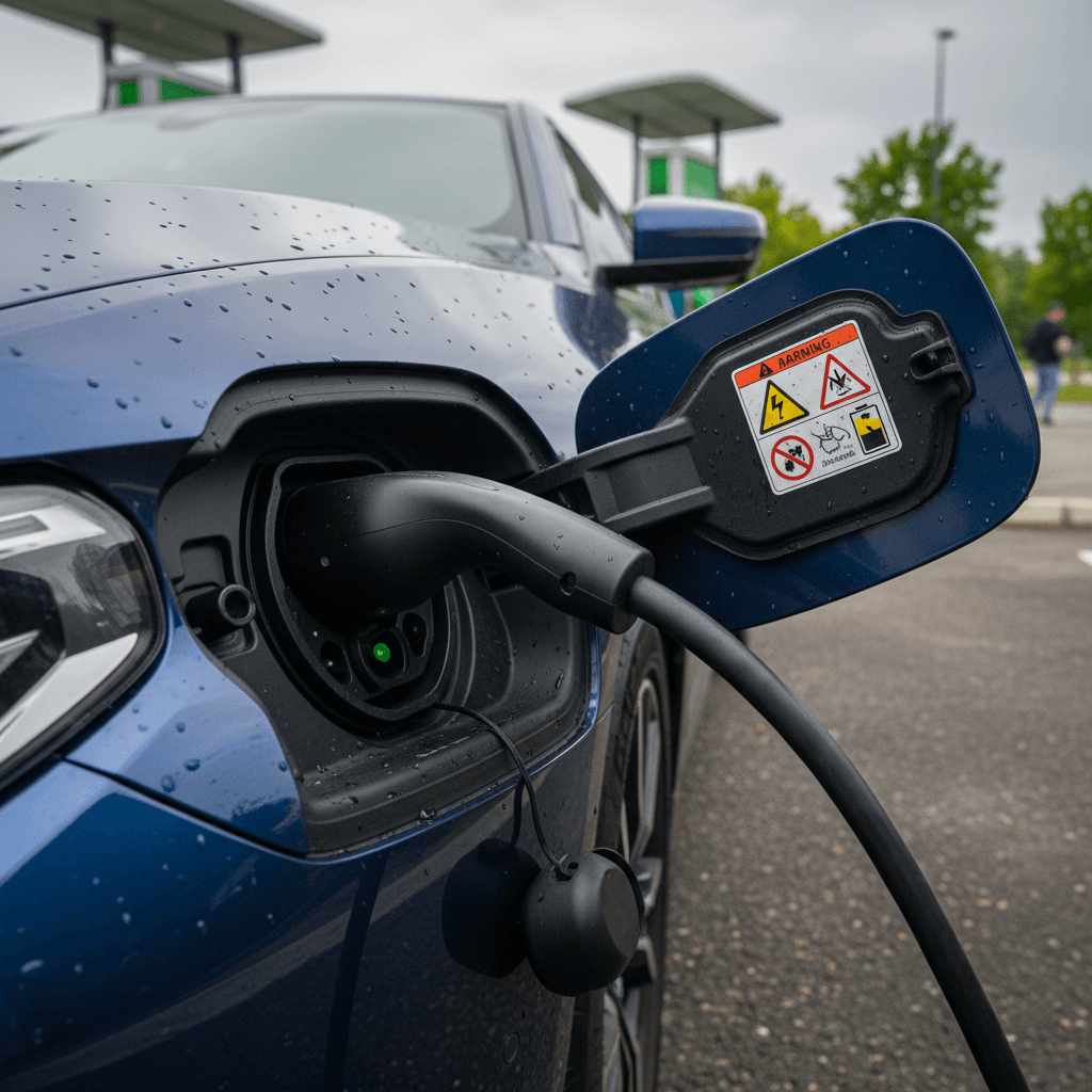 Charging port and high-voltage warning label on a BMW i5 plugged into a charger, illustrating the battery system covered by warranty
