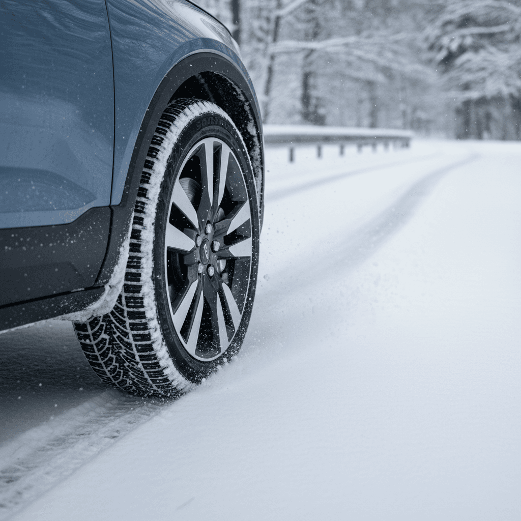 Volvo EX30 driving through shallow snow showing winter tires cutting through slush