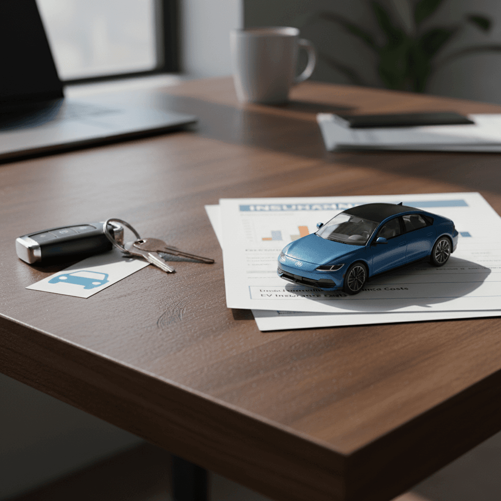 Insurance paperwork, car keys, and a small blue electric sedan model on a desk, symbolizing Hyundai Ioniq 6 insurance planning