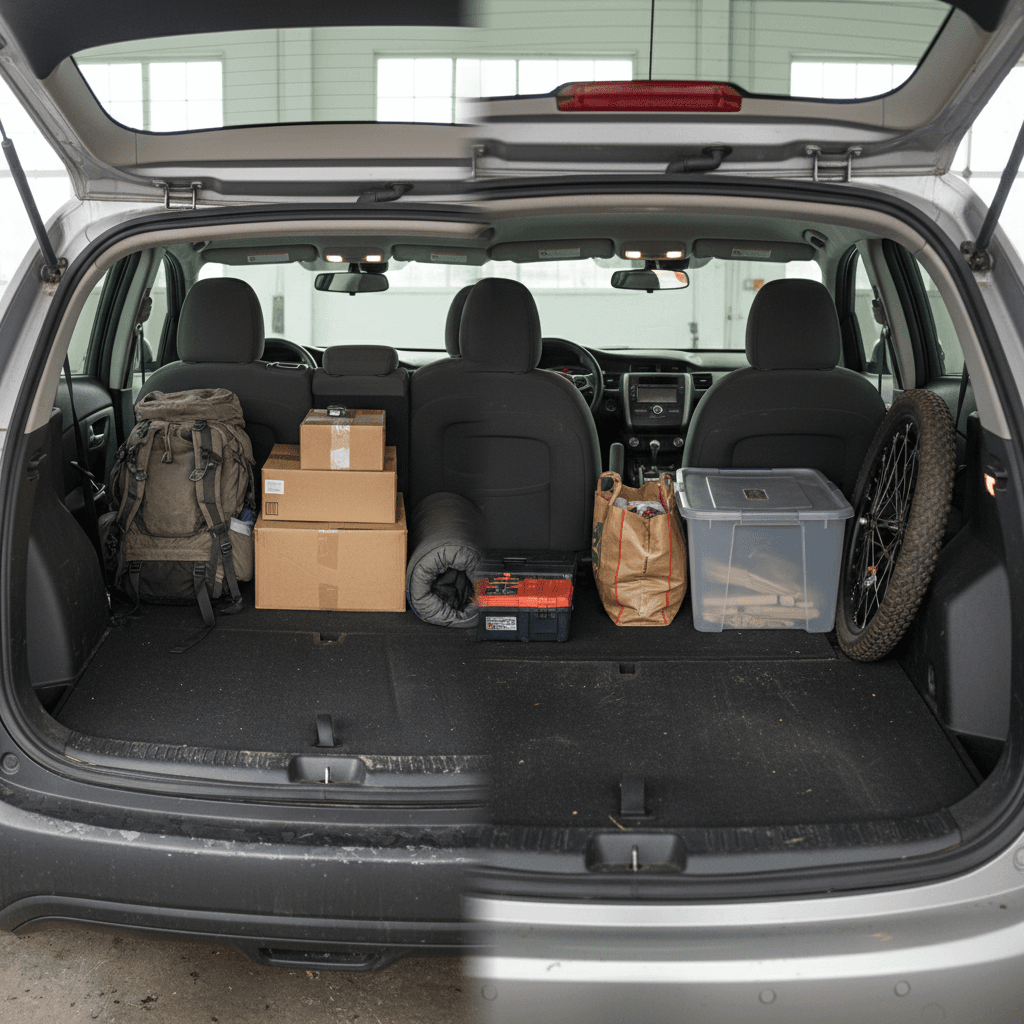 Side-by-side view of Chevy Bolt EV and Nissan Leaf interiors and cargo areas with rear seats folded flat to highlight space and practicality.