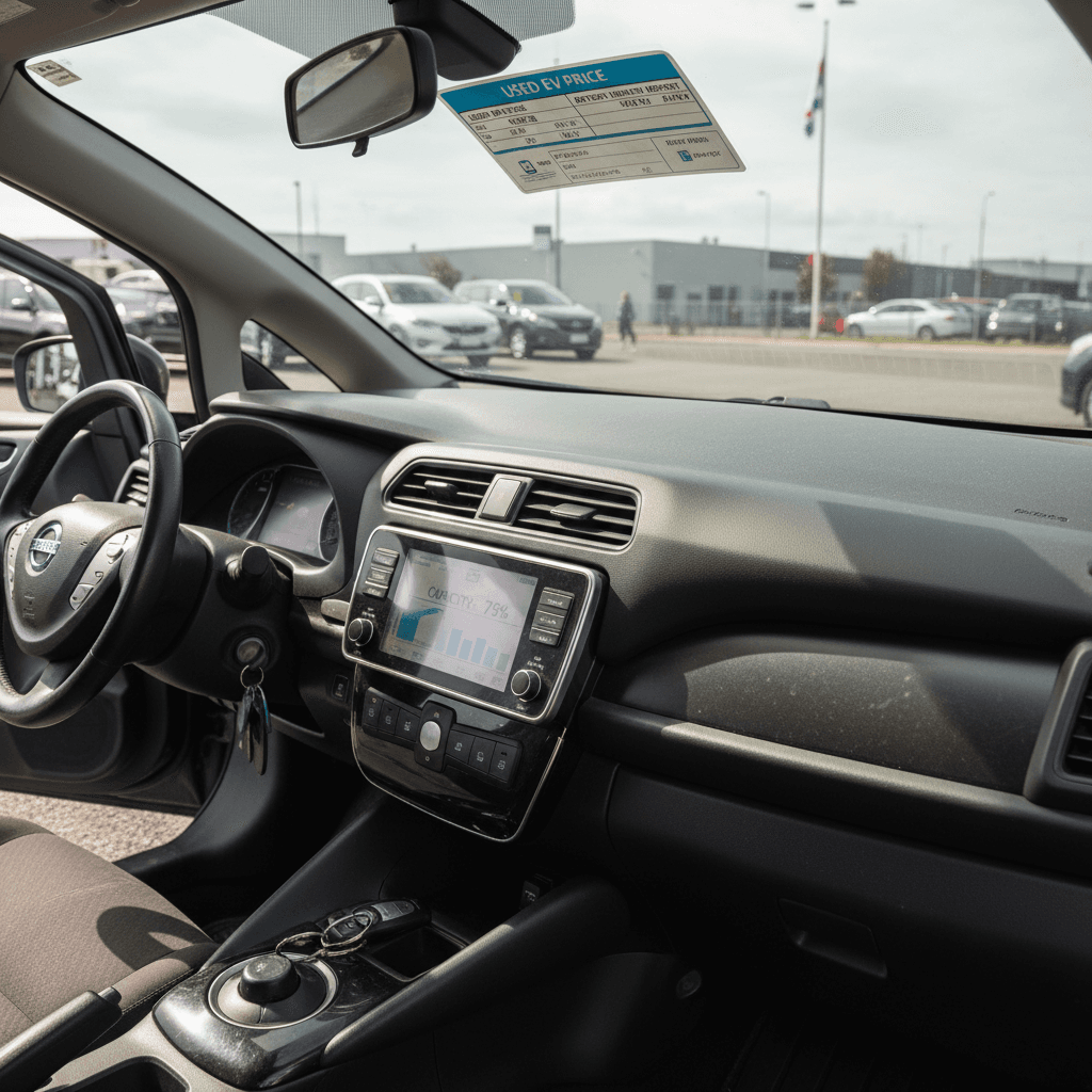 Used Nissan Leaf for sale at a dealership with a visible price tag and battery health report on display