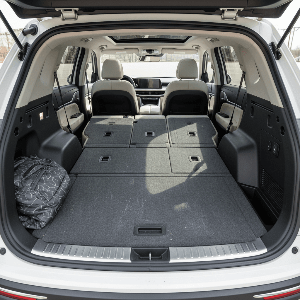 Overhead view of Kia EV9 interior with second and third rows folded flat to show maximum cargo space