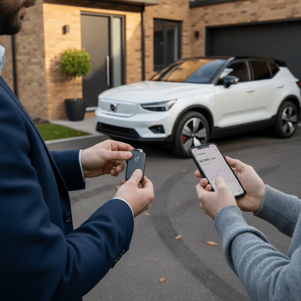 Volvo EX30 owner finalizing a sale in front of a house while reviewing an EV battery health report on a smartphone