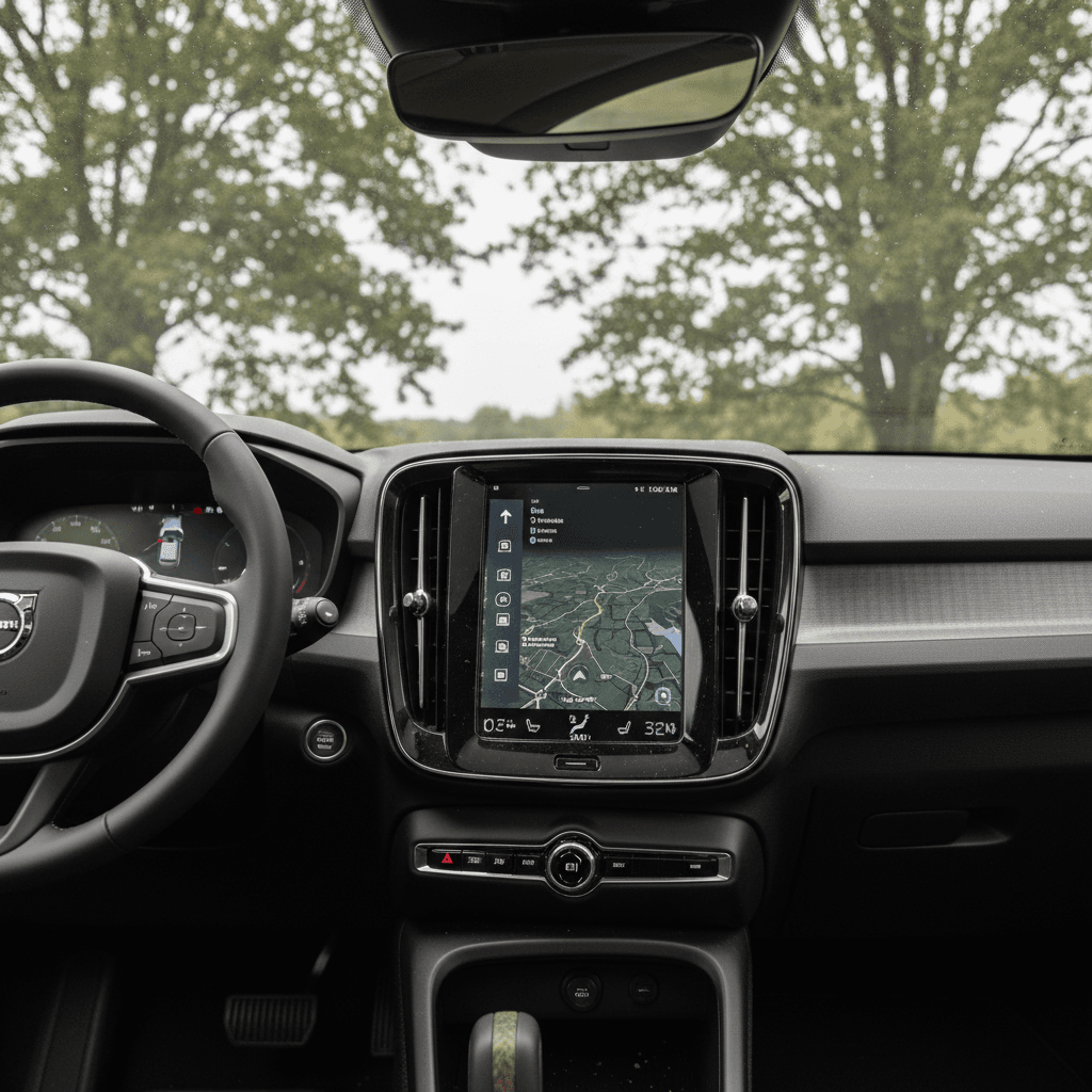 Dashboard and center touchscreen of a 2023 Volvo C40 Recharge showing battery status and route on Google Maps