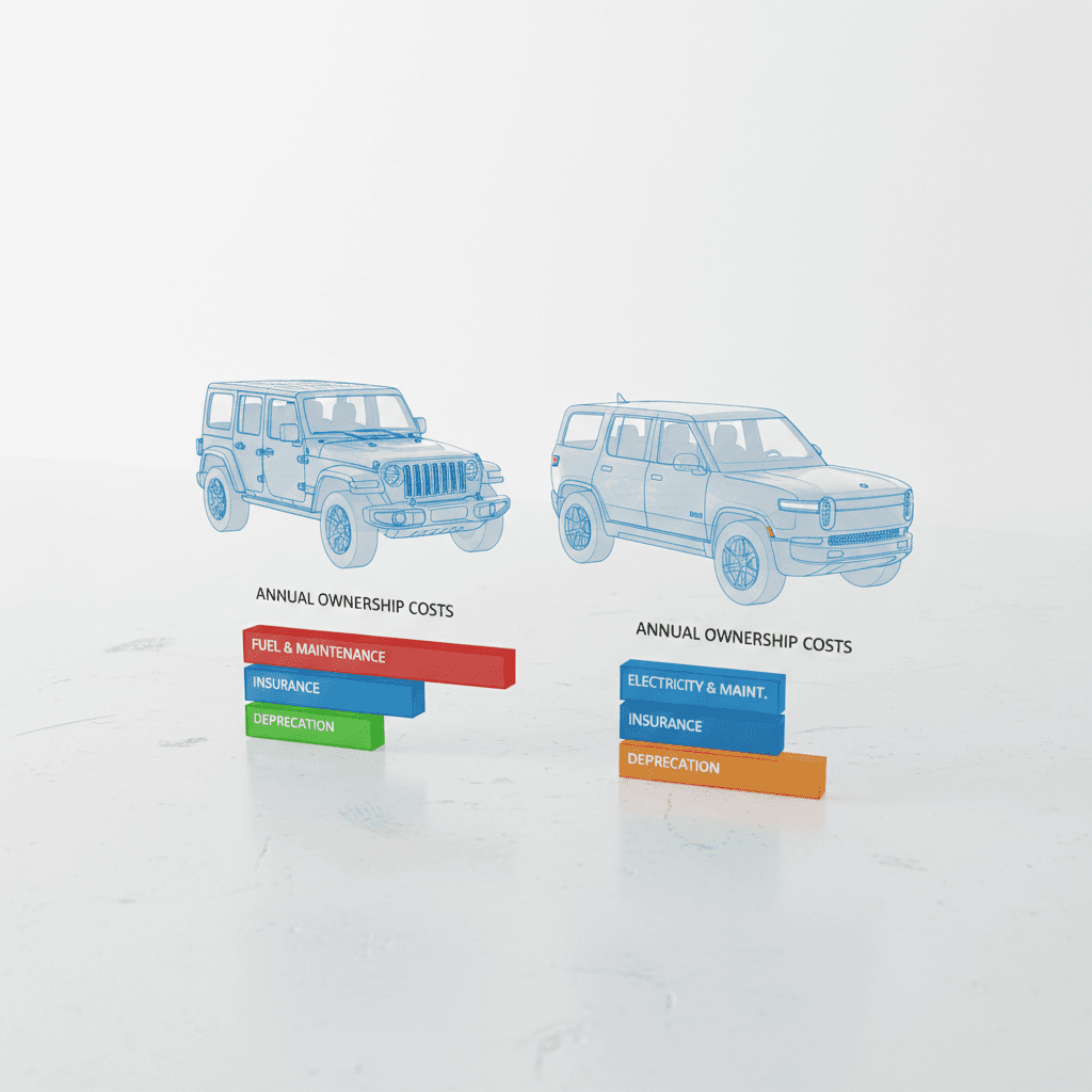 Side-by-side bar chart comparing annual fuel cost of a Jeep Wrangler to electricity cost for a Rivian R1S