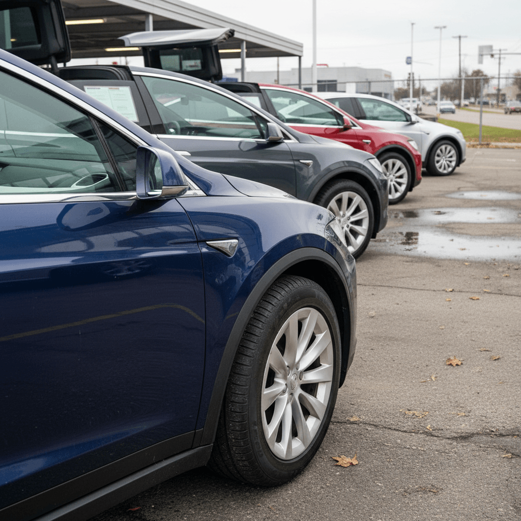Row of used Tesla Model X SUVs parked on a lot, highlighting how 5-year-old examples vary in condition and trim