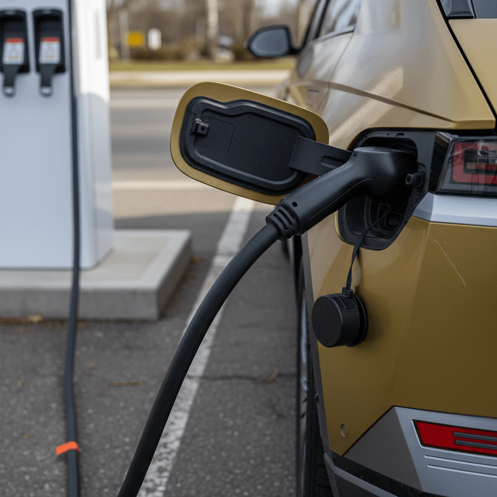 A 2022 Hyundai IONIQ 5 plugged into a DC fast charger at a modern public charging station
