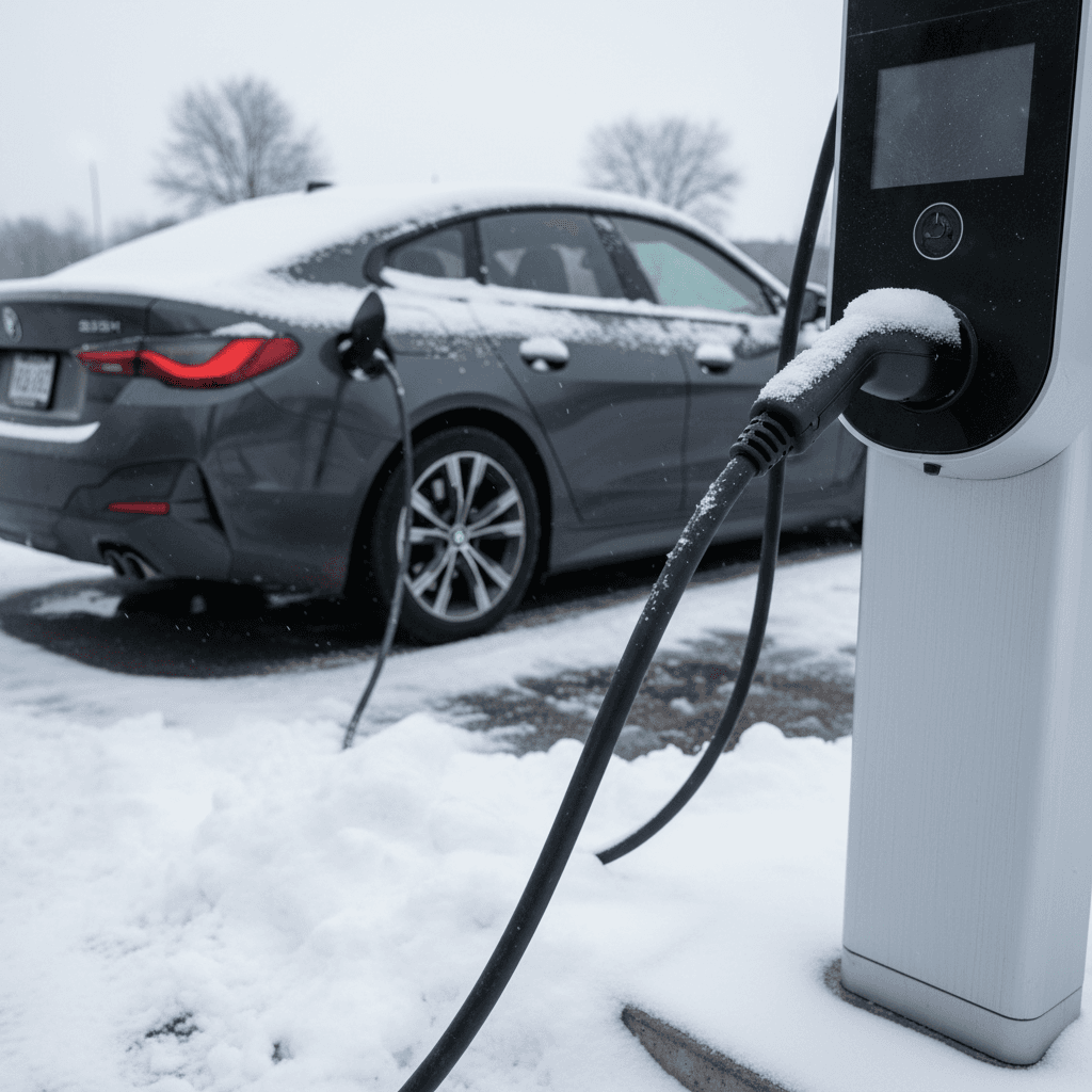 BMW i4 charging at a public fast charger on a cold winter day with light snow on the ground