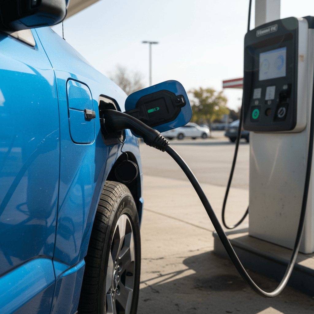 Ford F-150 Lightning plugged into a modern DC fast charging station during the day