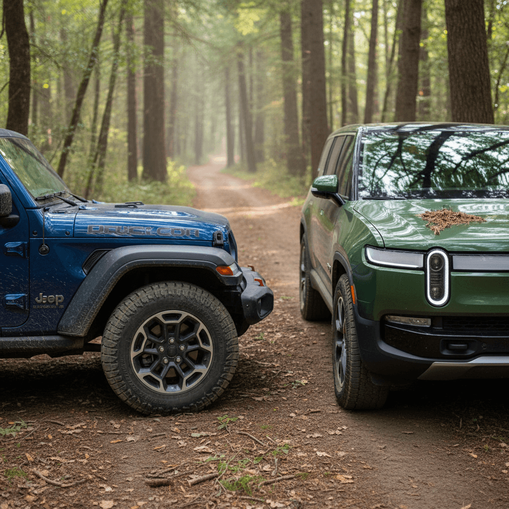 Jeep Wrangler and Rivian R1S parked together on a dirt trail in the woods, highlighting their different approaches to off-road adventure