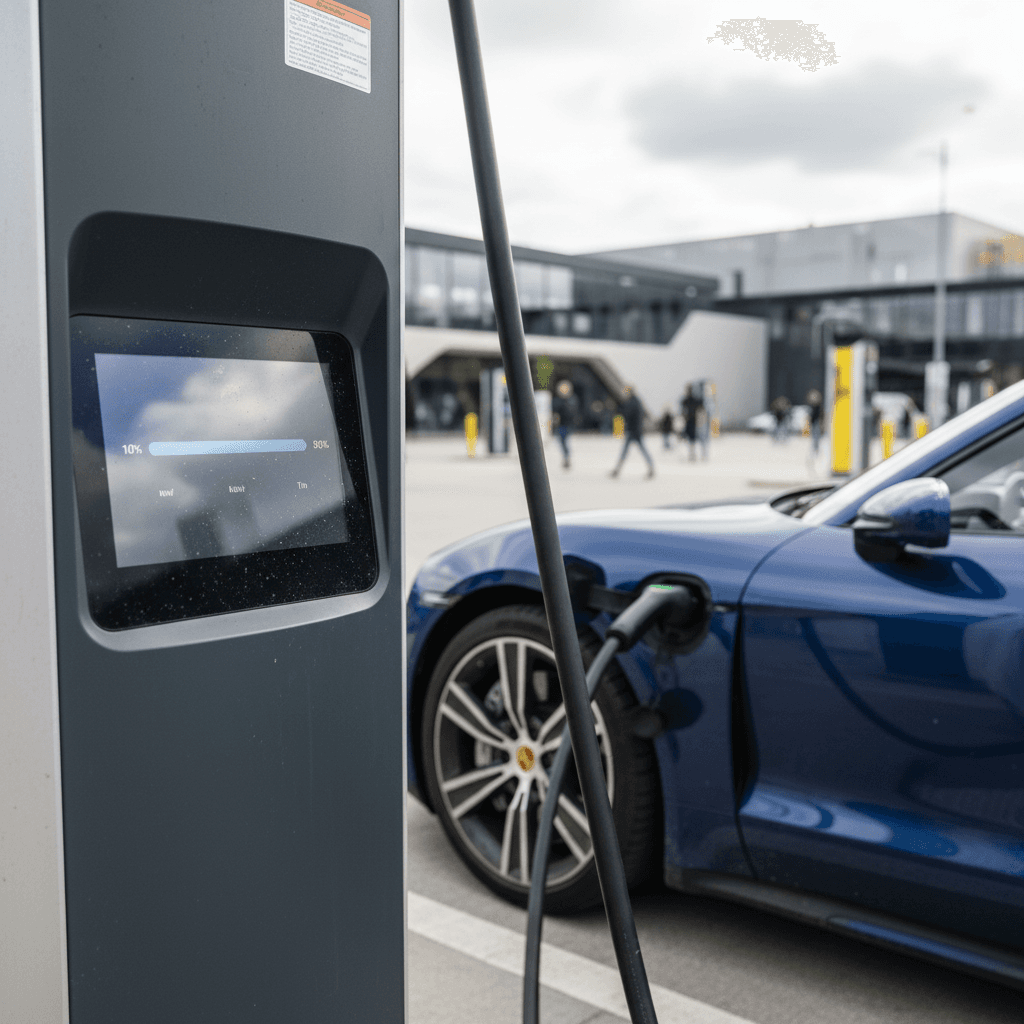 800‑volt electric sedan plugged into a 350 kW DC fast charger showing a 10–80% charge time around 18 minutes on its screen