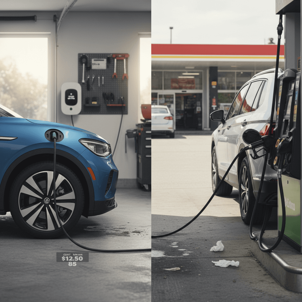 Volkswagen ID.4 charging at a home wallbox while a Volkswagen Tiguan refuels at a nearby gas station, illustrating different energy costs.