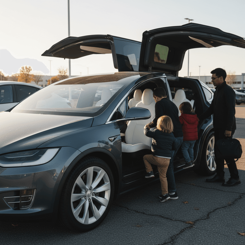 Tesla Model X dashboard showing battery state of charge and range estimate on the central touchscreen