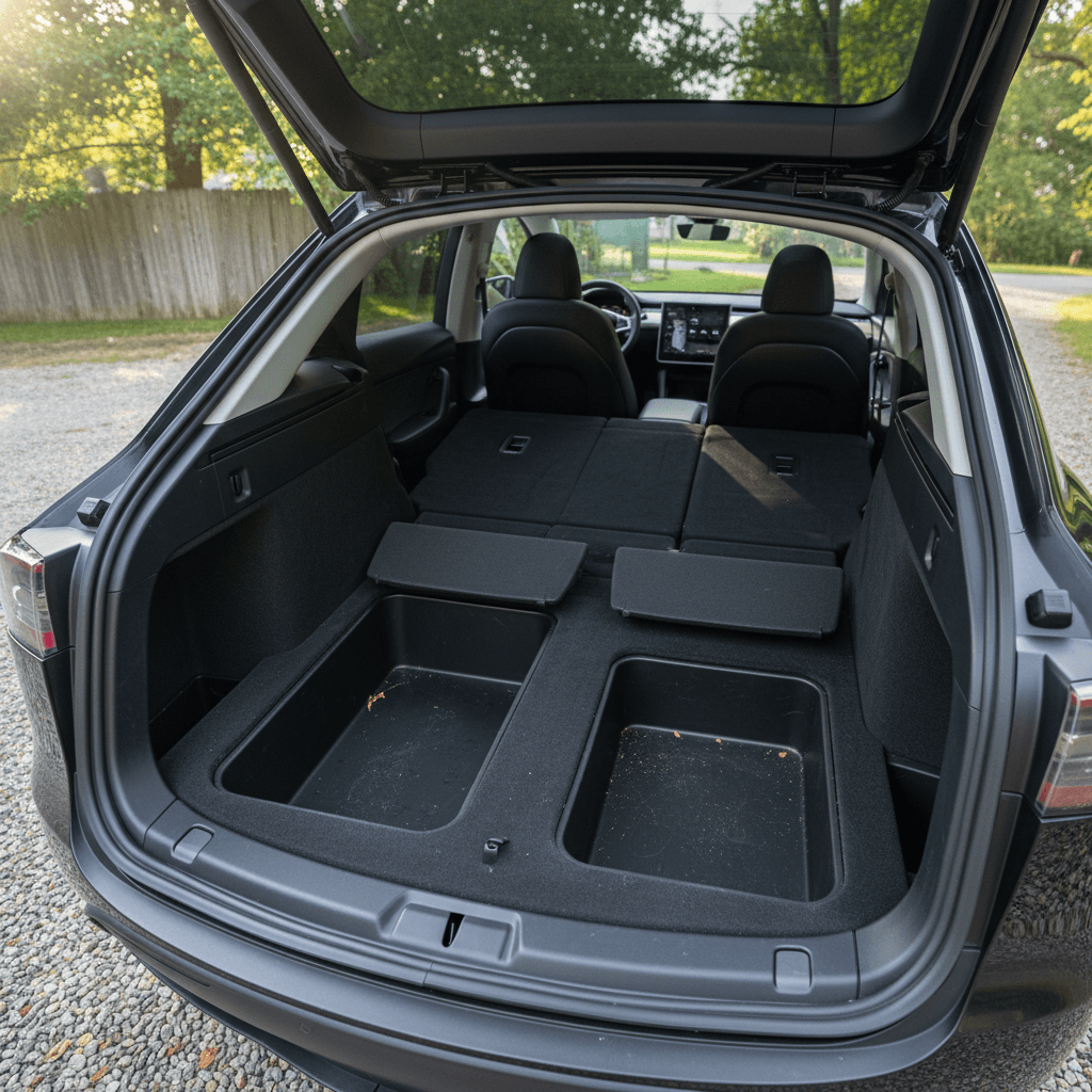 Interior of a Tesla Model Y with rear seats folded flat, showing a long cargo floor, underfloor storage, and multiple suitcases loaded.