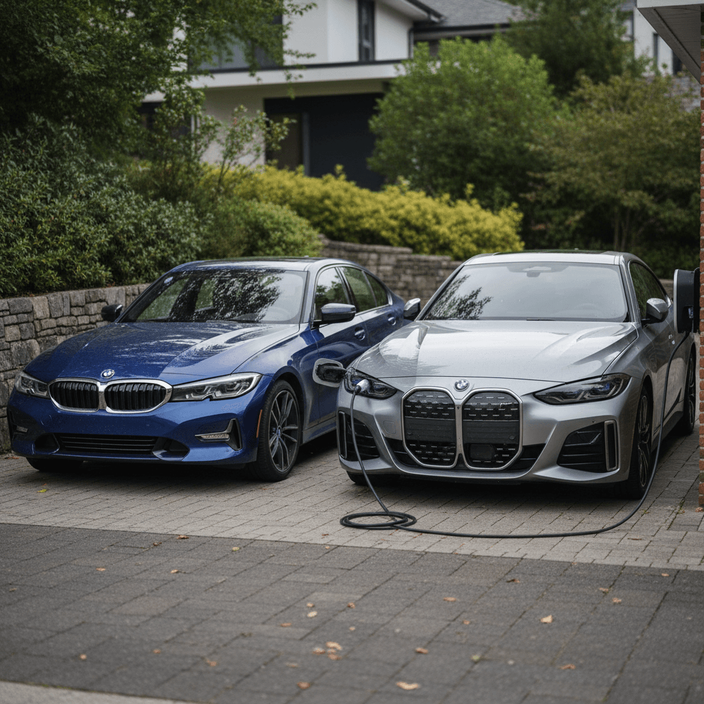 BMW 3 Series sedan and BMW i4 Gran Coupe parked together in a driveway, showing the transition from gas to electric sedan ownership