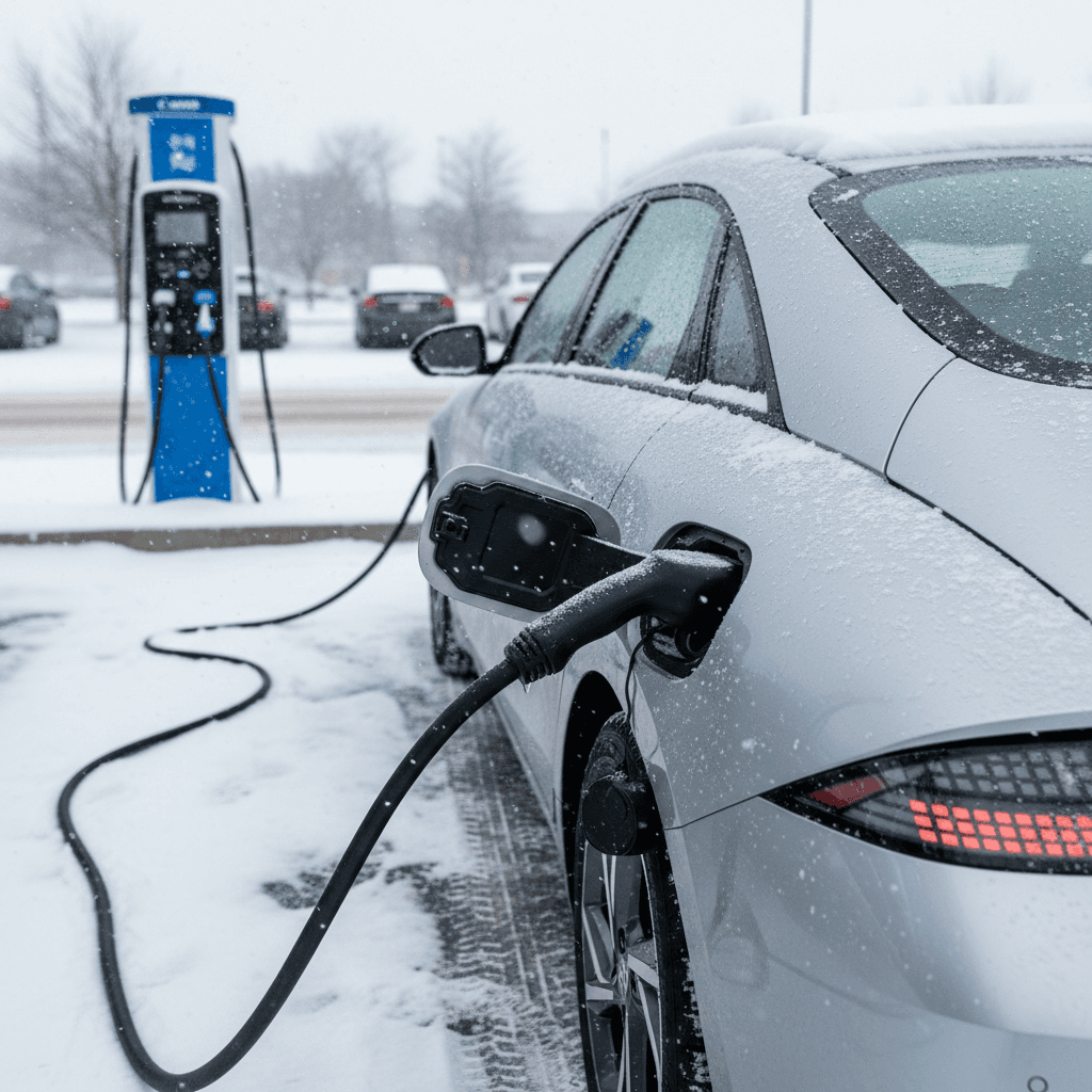 Kia Niro EV plugged into a home charger in a snowy driveway