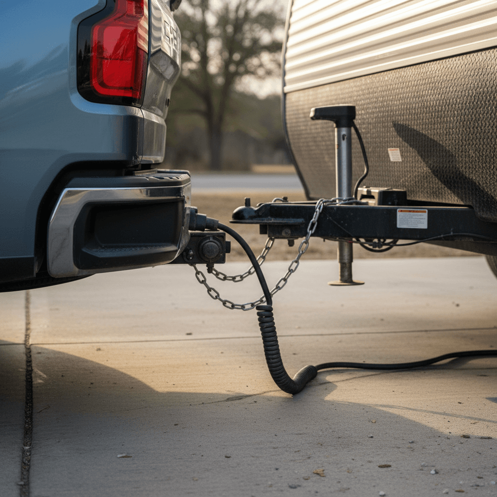 Chevrolet Silverado EV backed up to a travel trailer showing the hitch, tongue jack, and safety chains connected