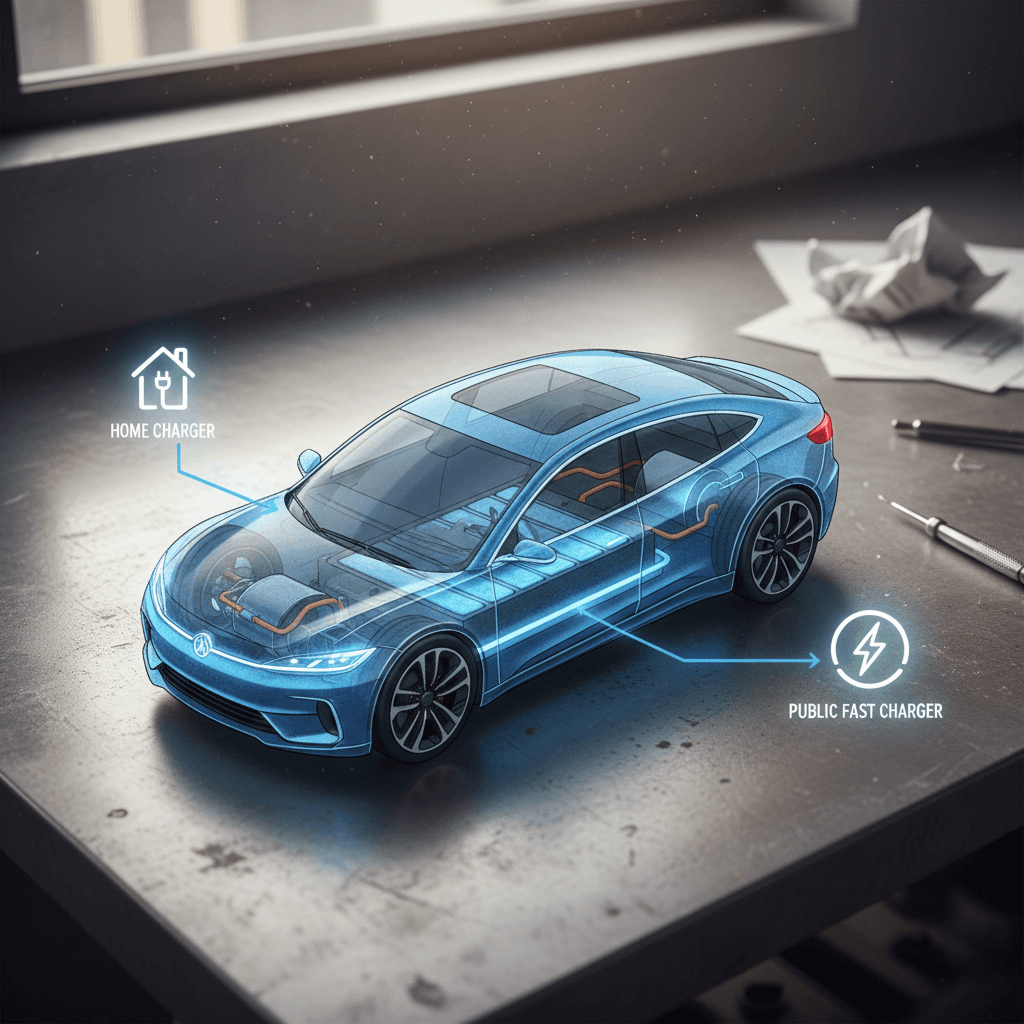Diagram of an electric car parked at a home with a wallbox charger and icons for public fast charging